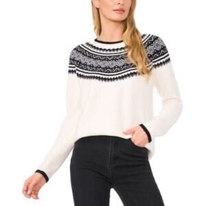CeCe Women's Fair Isle Crewneck Sweater in Antique White & Black